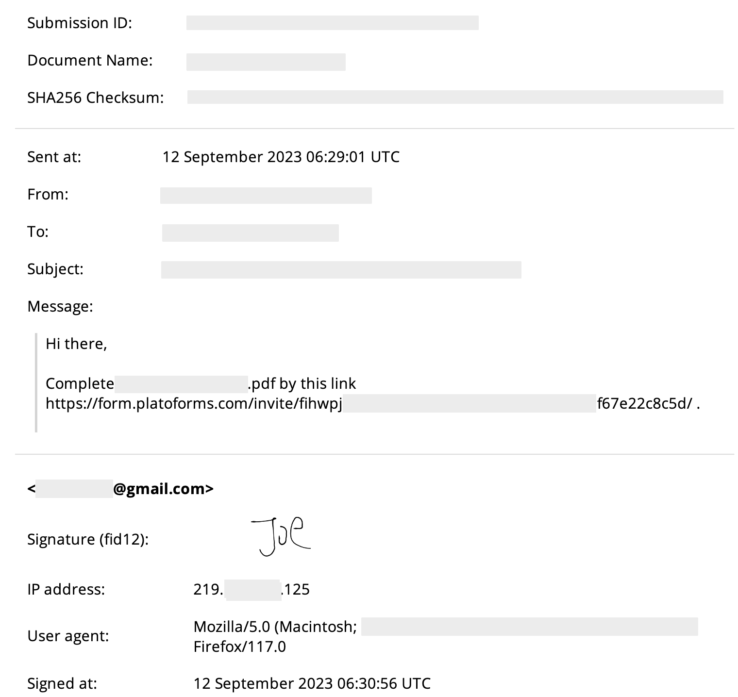 Downloaded signature certificate