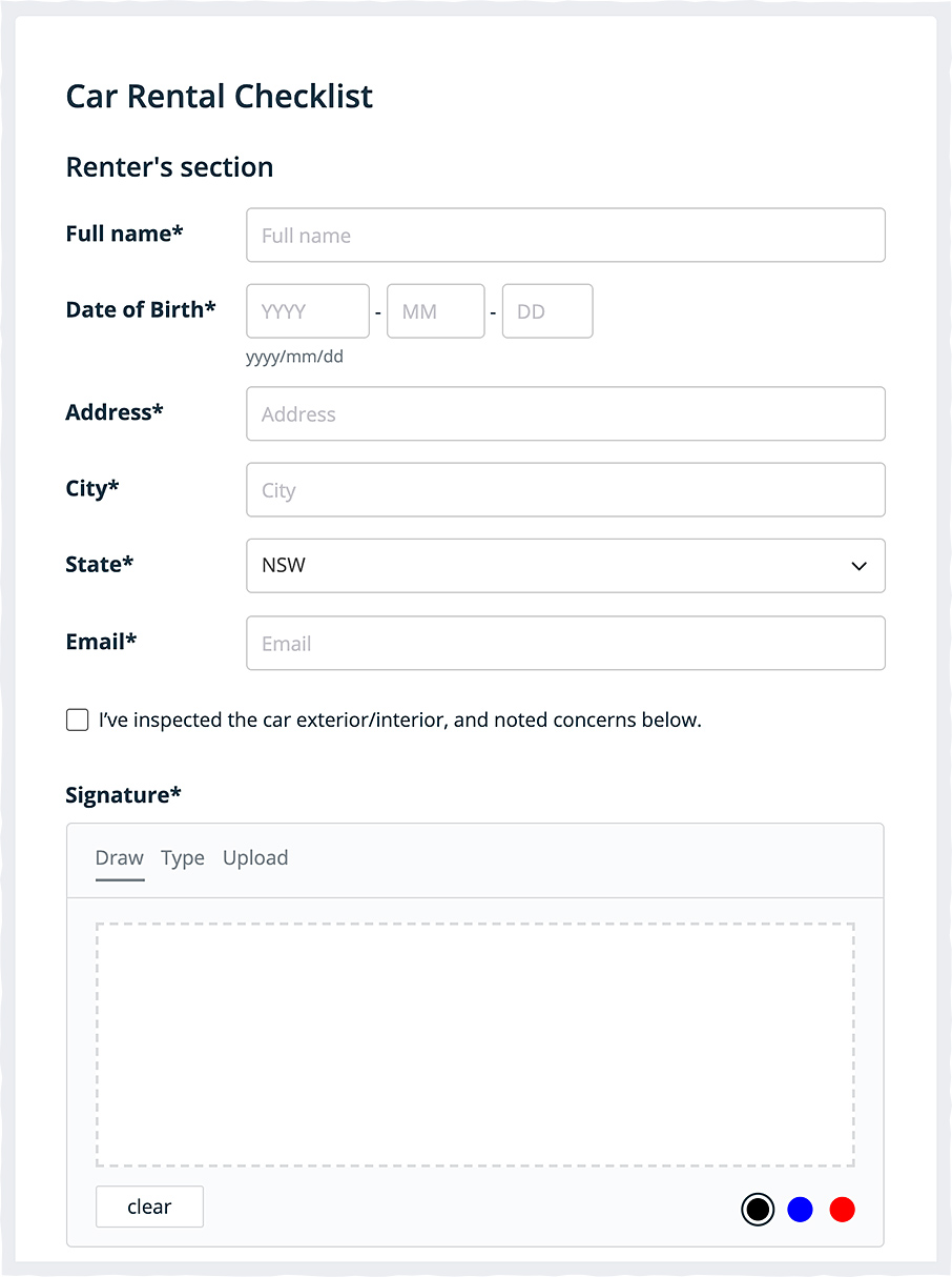 Car rental checklist customer information fillable PDF form