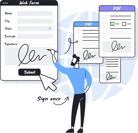 cartoon man standing with PDF approval forms